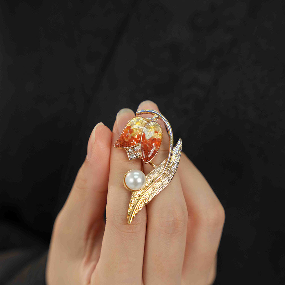 Red Tulip Brooch with Colored Stone Inlay