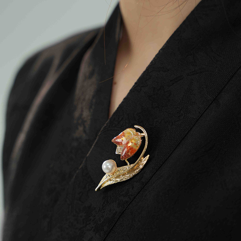 Red Tulip Brooch with Colored Stone Inlay