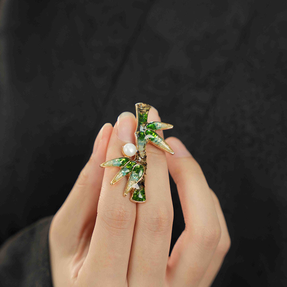 Jade Green Stone Inlay Bamboo Shape Brooch