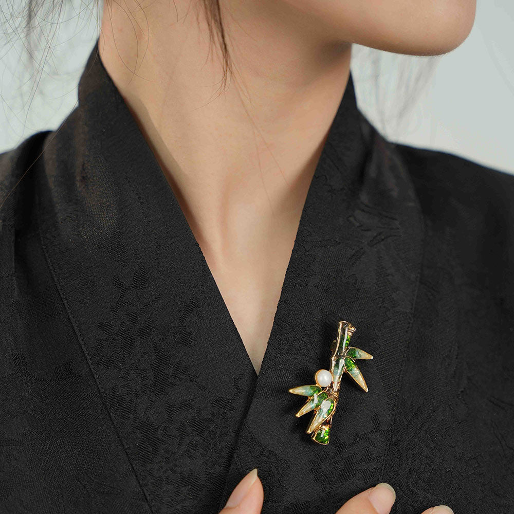 Jade Green Stone Inlay Bamboo Shape Brooch