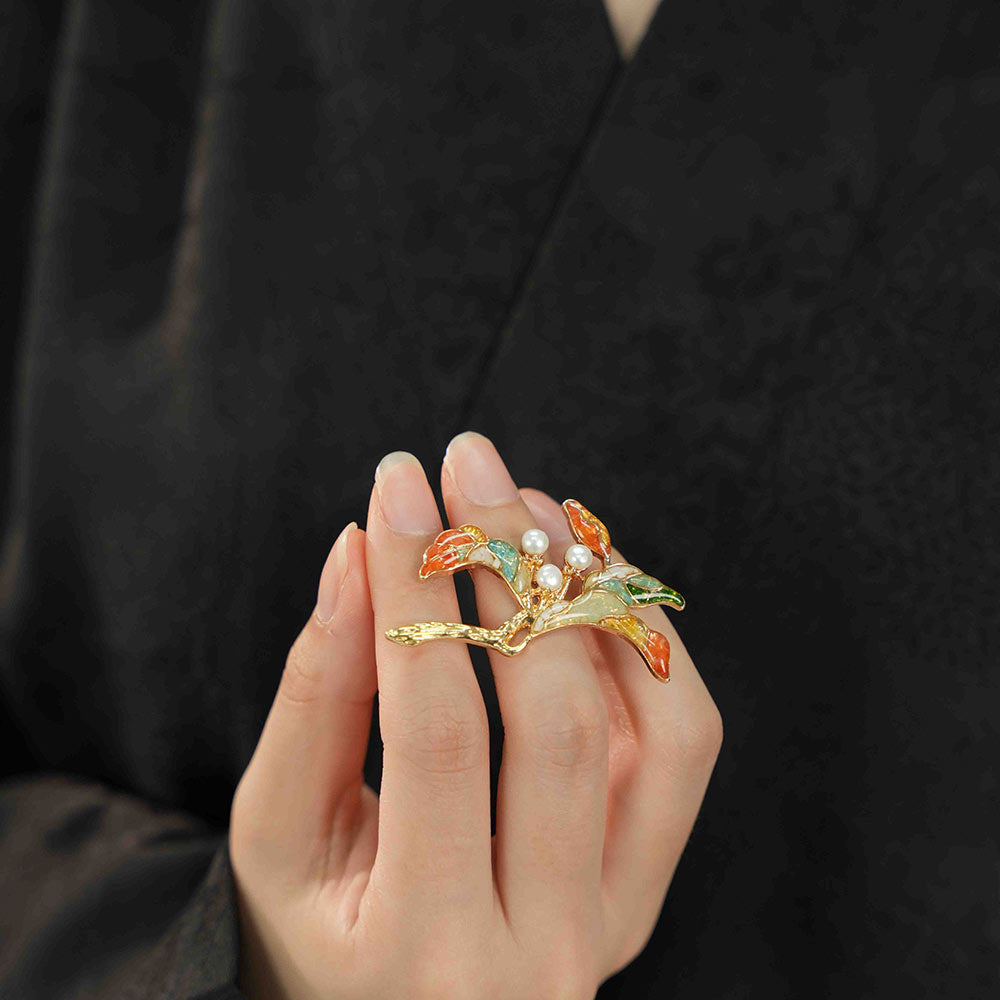 Color Stone Inlay Pearl Multi-Gem Floral Branch Brooch