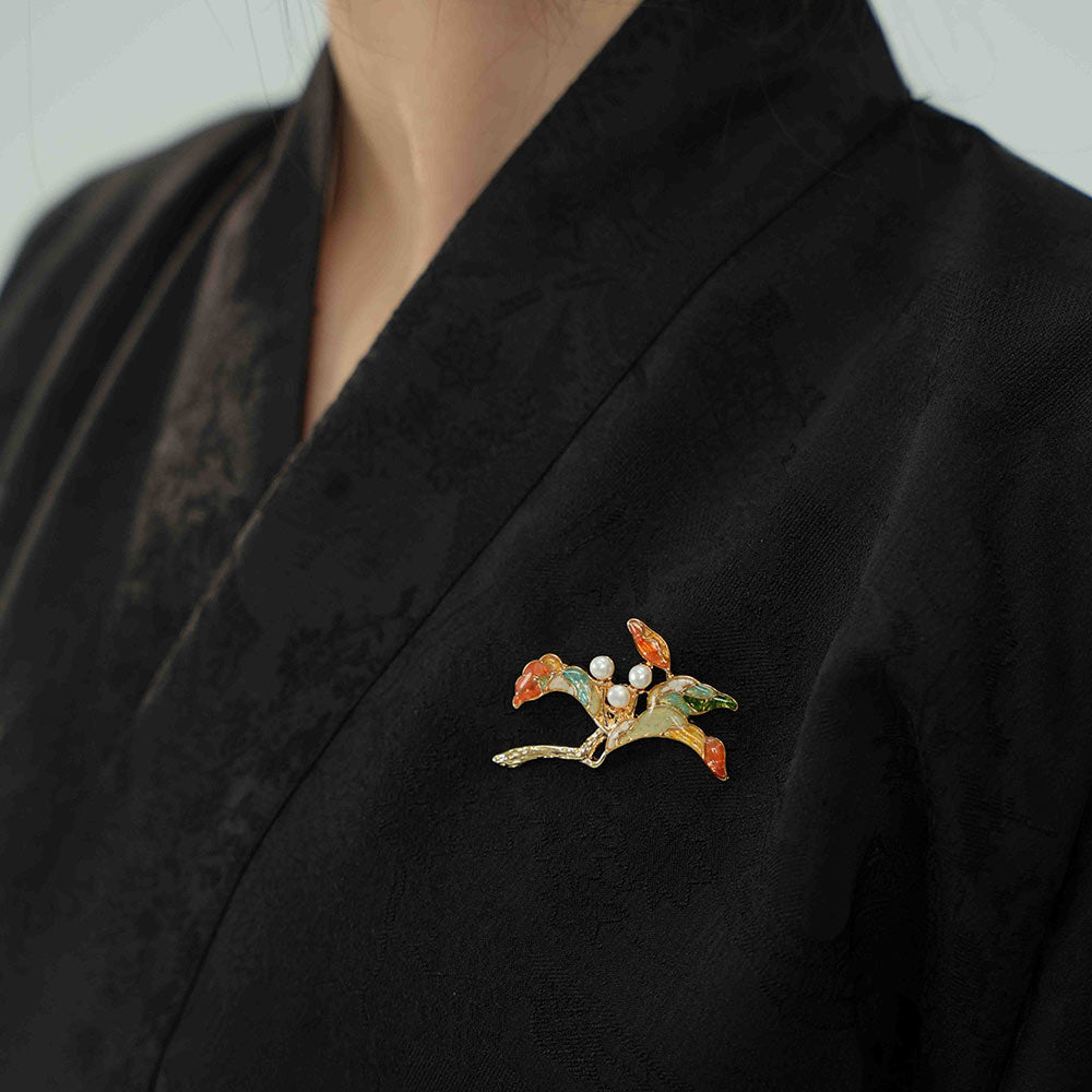 Color Stone Inlay Pearl Multi-Gem Floral Branch Brooch
