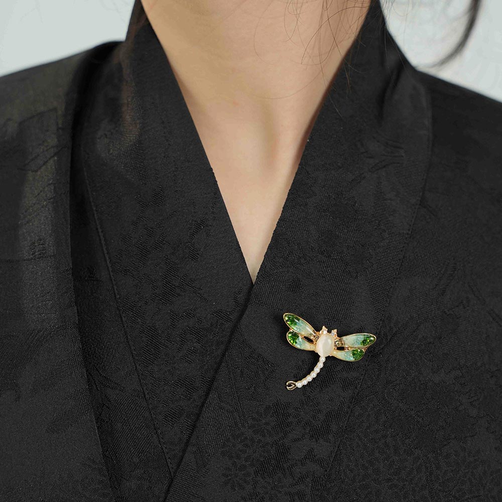 Jade Green Stone Inlay Dragonfly Shape Brooch