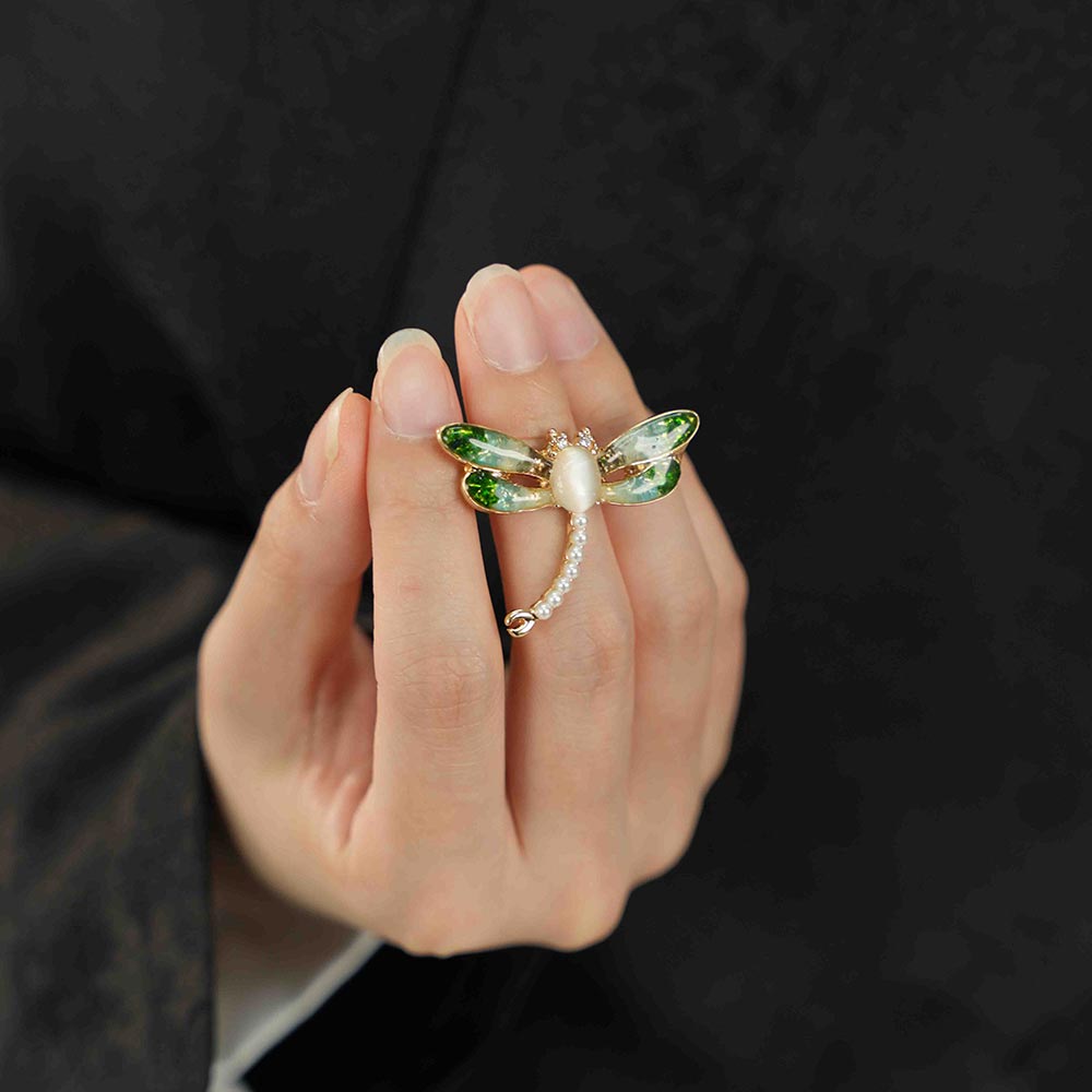 Jade Green Stone Inlay Dragonfly Shape Brooch