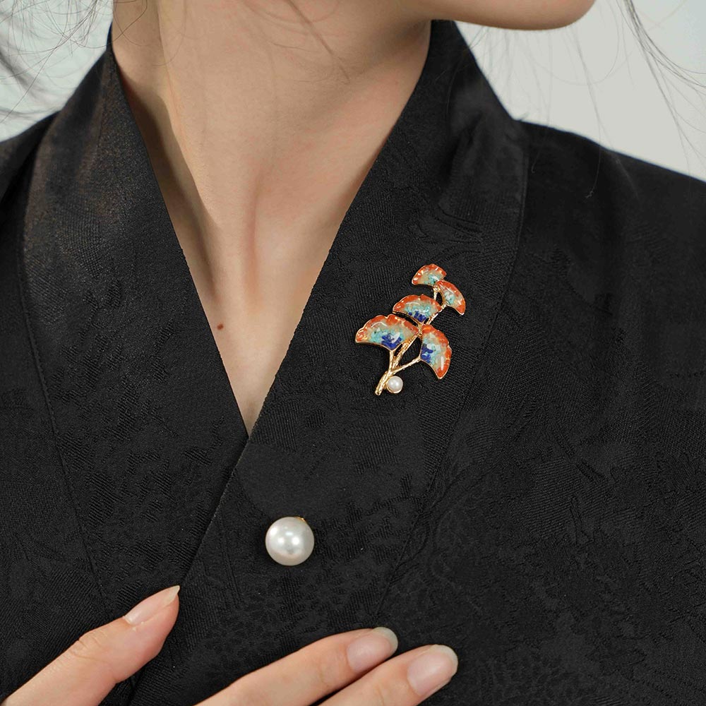 Gem Inlay Dunhuang-Colored Pearl Ginkgo Leaf Brooch