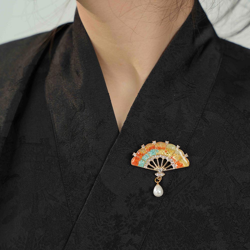 Dunhuang Tone Gem Inlay Fan Brooch with Pearl