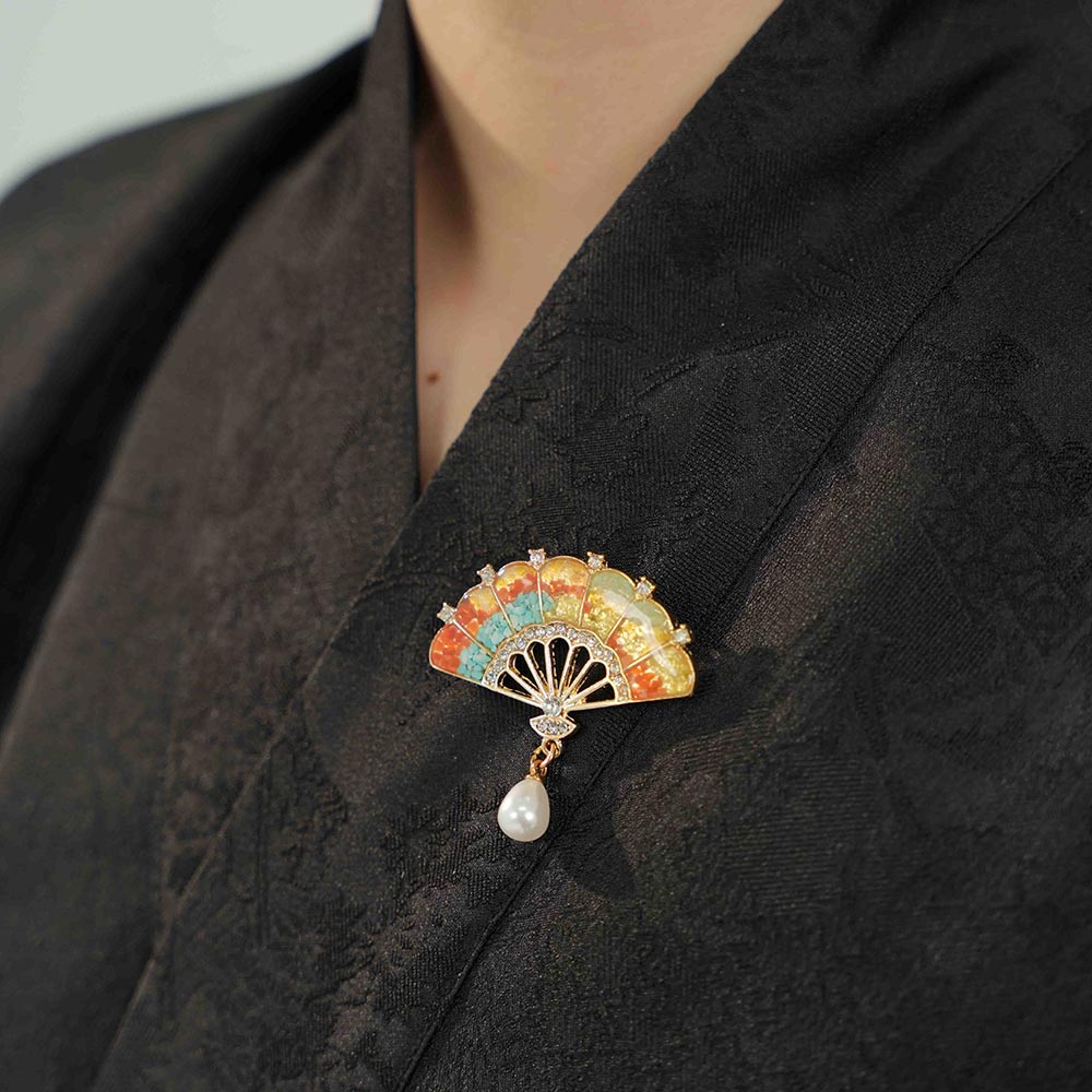 Dunhuang Tone Gem Inlay Fan Brooch with Pearl