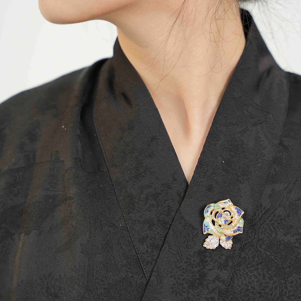 Color Stone Inlay Camellia Brooch – Blue & White Series