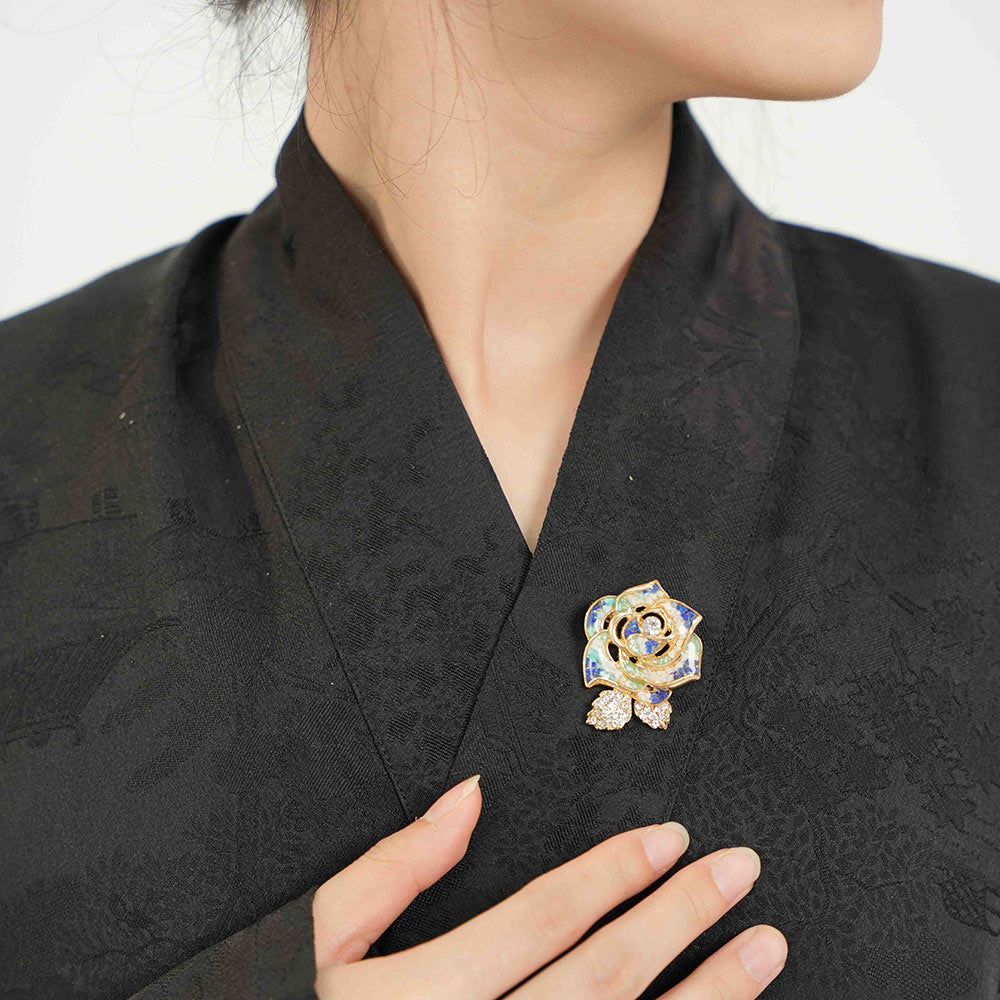 Color Stone Inlay Camellia Brooch – Blue & White Series