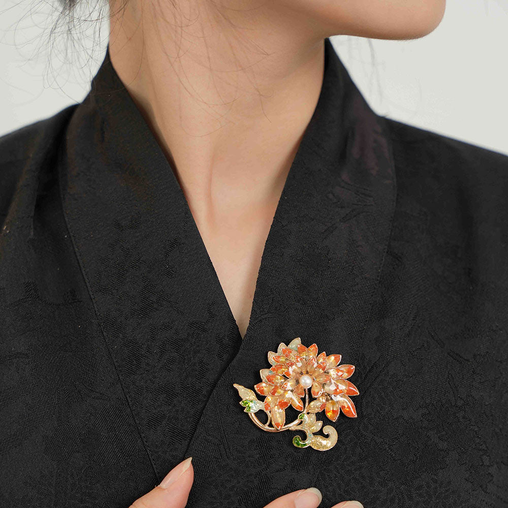Red Stone Inlay Floral Chrysanthemum Brooch