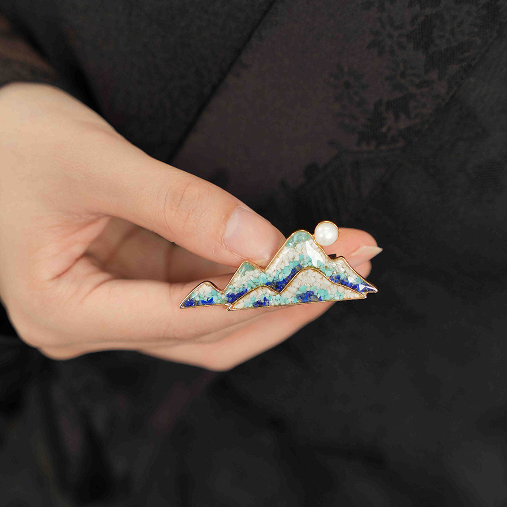 Lapis Lazuli Landscape Brooch with Inlaid Colored Stones