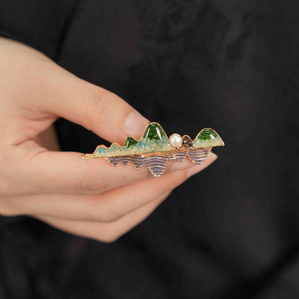 Gem Inlay Jade Green Landscape Reflection Brooch
