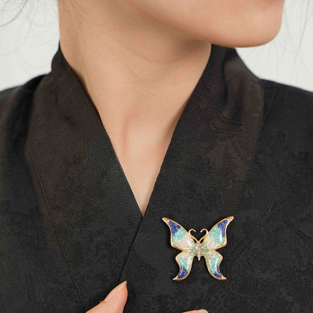 Blue & White Stone Inlay Butterfly Brooch