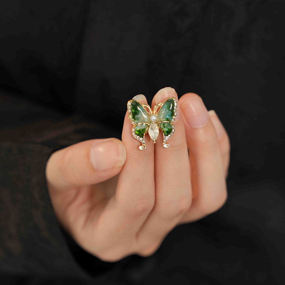 Jade Green Gem Inlay Butterfly Brooch with Pearl