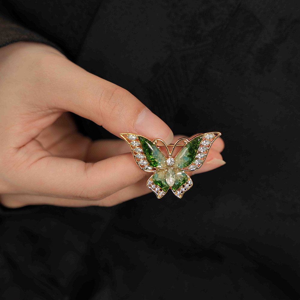 Jade Green Stone Inlay Flying Butterfly Brooch