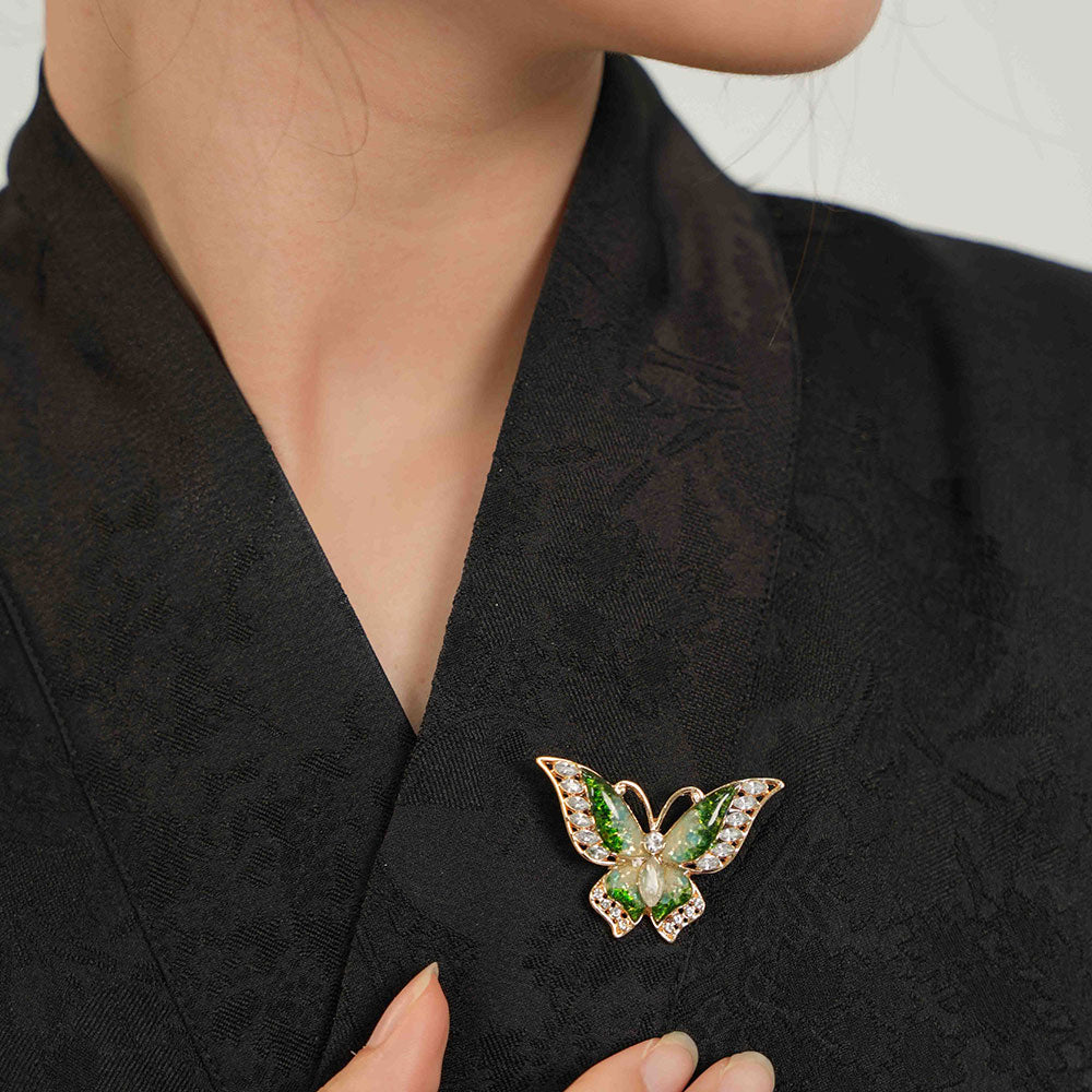 Jade Green Stone Inlay Flying Butterfly Brooch