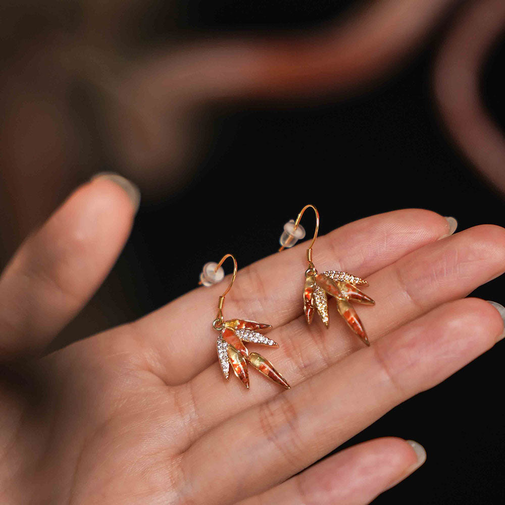 Color Stone Inlay Bamboo Leaf Earrings – Red Series