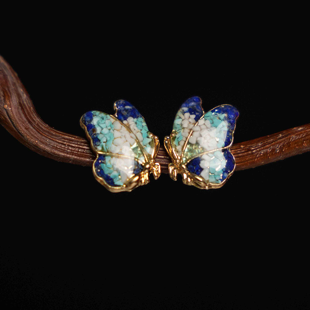 Butterfly Wing Earrings with Blue-and-White Enamel and Stone Inlay