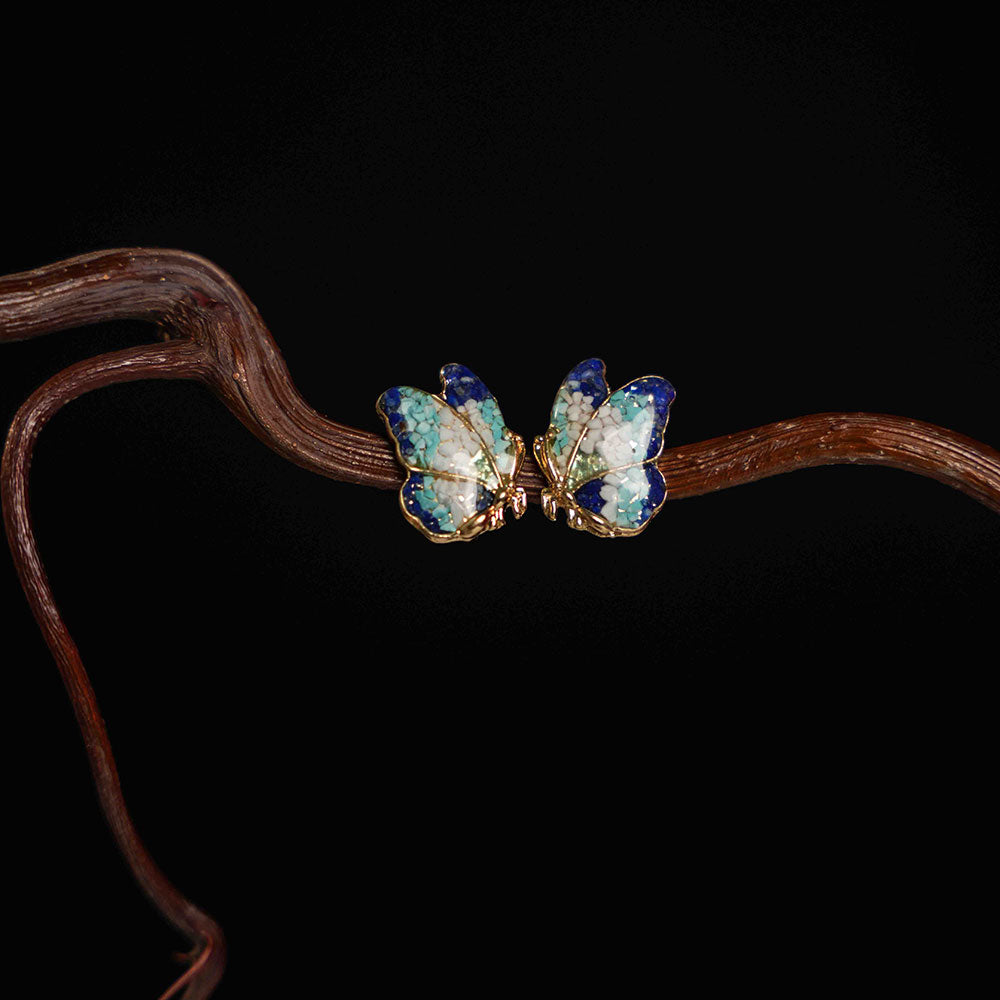 Butterfly Wing Earrings with Blue-and-White Enamel and Stone Inlay