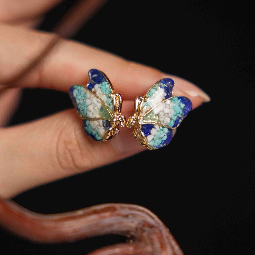 Butterfly Wing Earrings with Blue-and-White Enamel and Stone Inlay