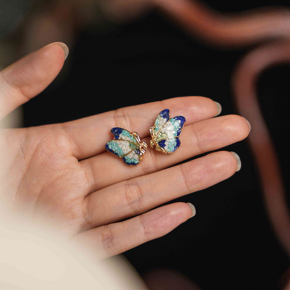 Butterfly Wing Earrings with Blue-and-White Enamel and Stone Inlay