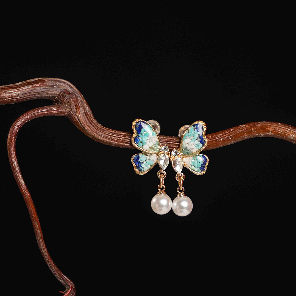 Blue & White Pearl Butterfly Wing Stud Earrings