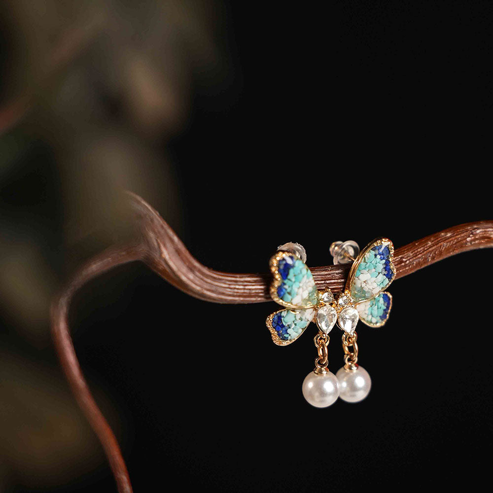 Blue & White Pearl Butterfly Wing Stud Earrings