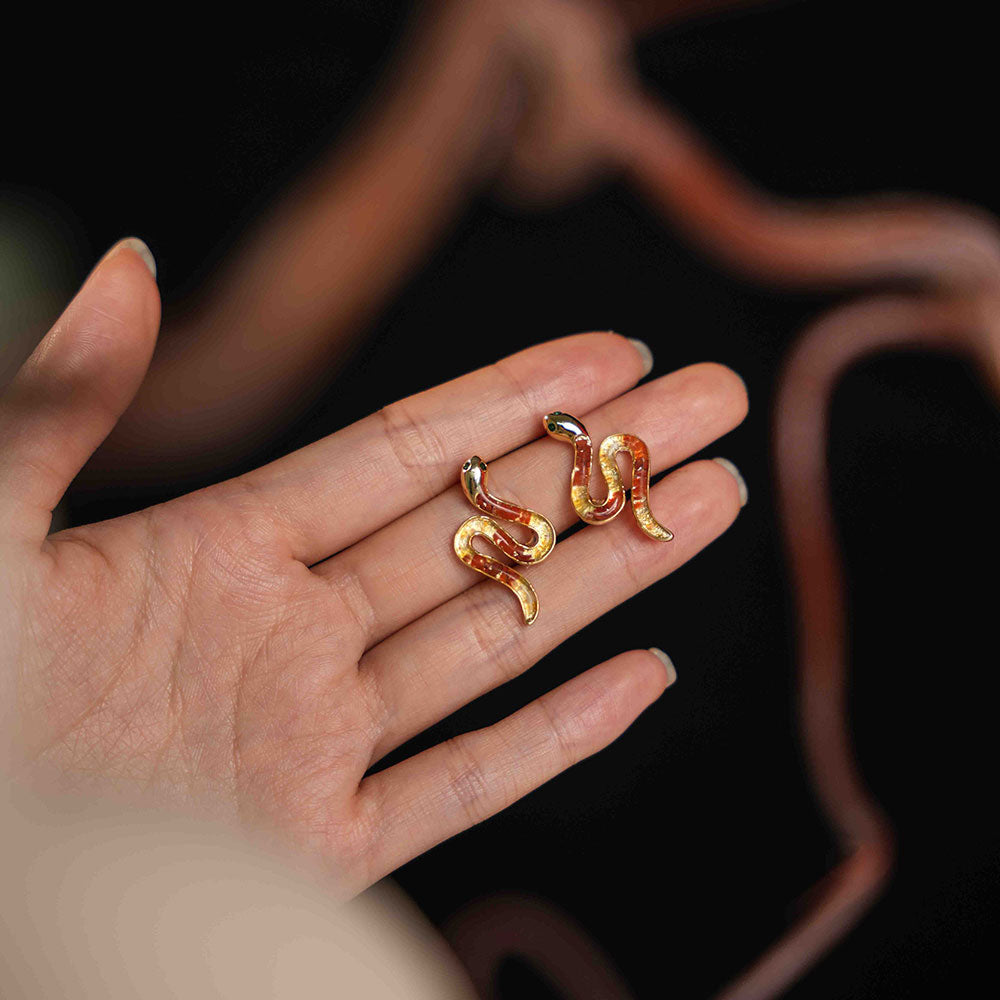 Color Stone Inlay Snake Stud Earrings – Red & Prosperous Series