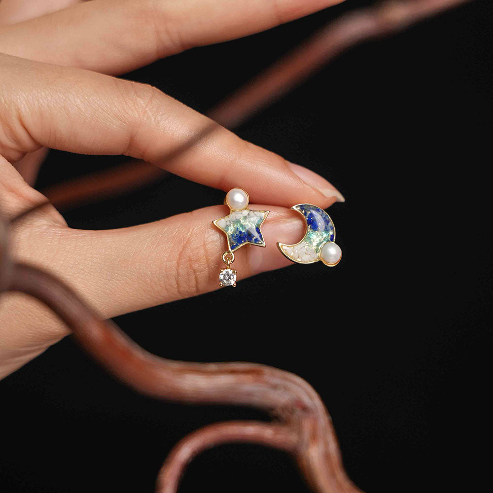 Color Stone Inlay Star & Moon Blue & White Stud Earrings