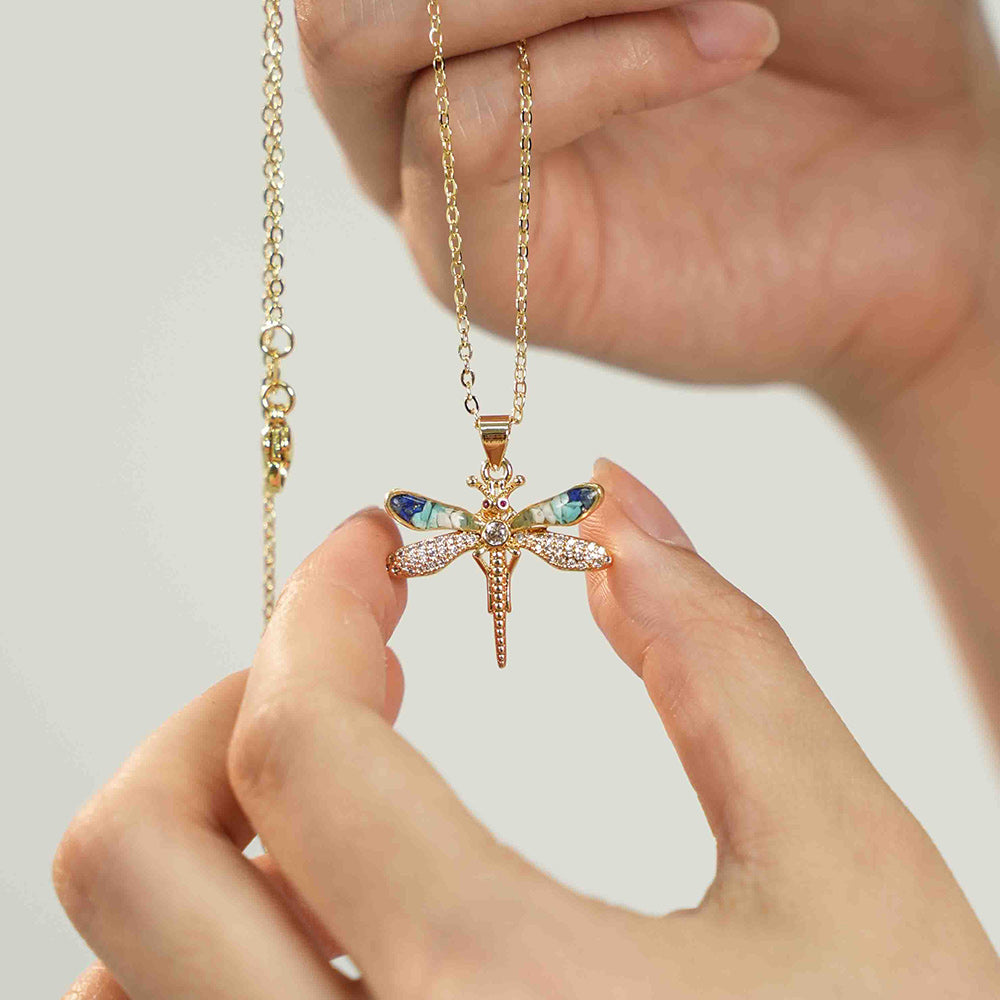 Color Stone Inlay Dragonfly Necklace – Blue and white porcelain series