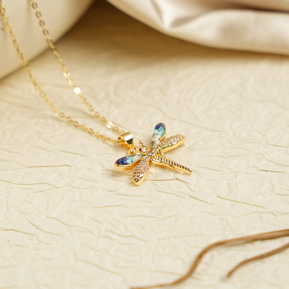 Color Stone Inlay Dragonfly Necklace – Blue and white porcelain series