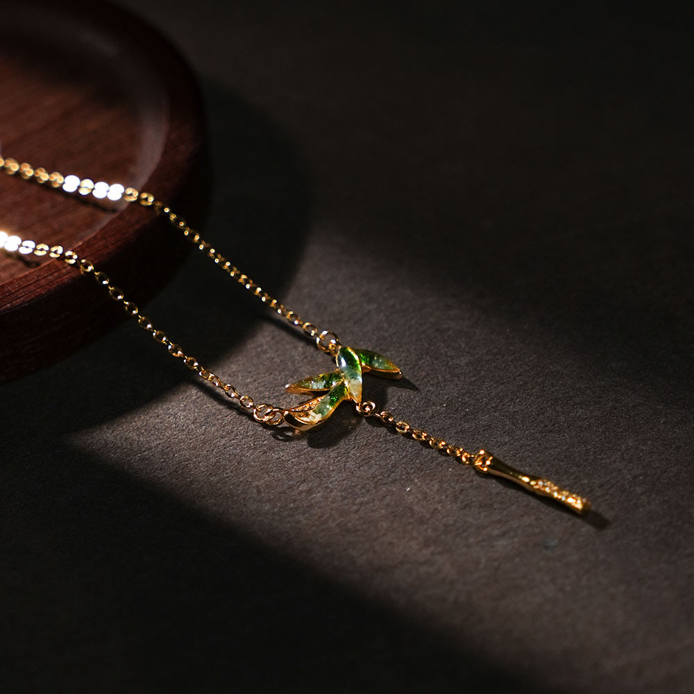Jadeite Bamboo Leaf Necklace with Colored Stone Inlay