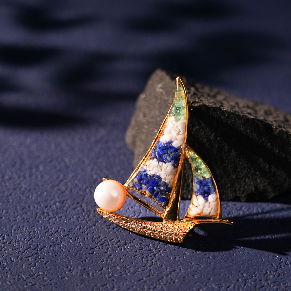 Brooch – Sailboat, Blue & White Style