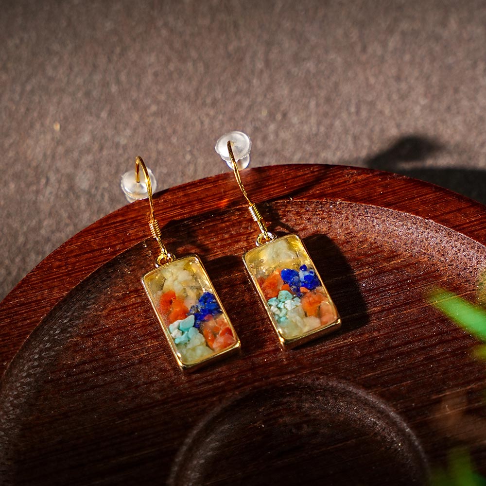 Color Stone Inlay Rectangular Hook Earrings – Dunhuang Color Series