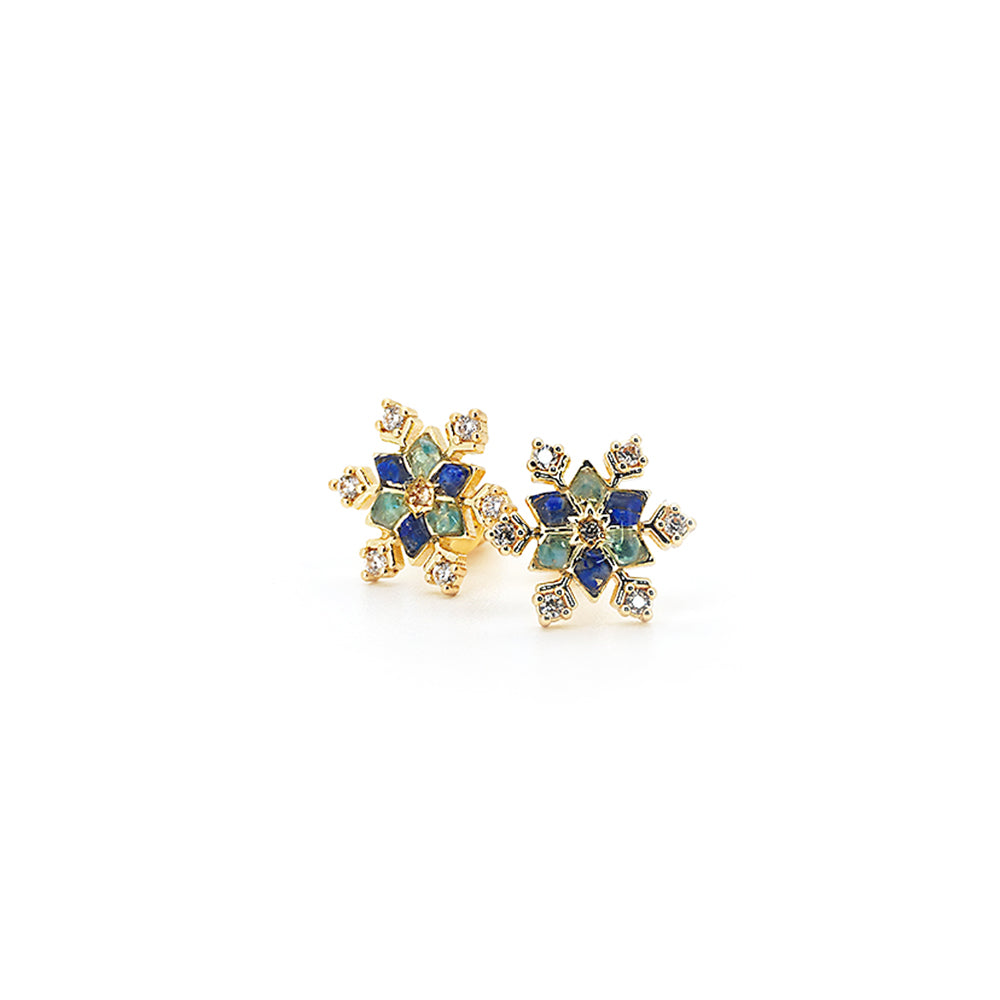 Color Stone Inlay Blue & White Snowflake Stud Earrings