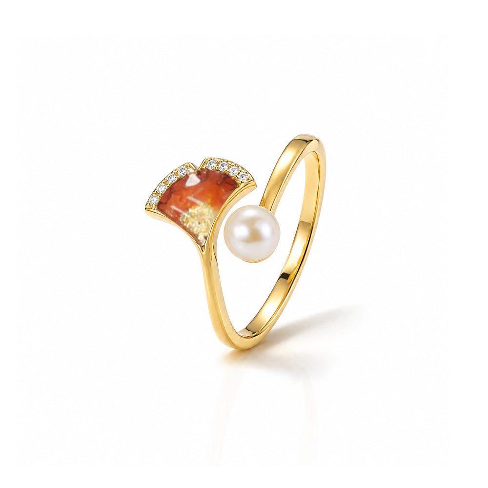 Colored Stone Inlaid Prosperous Red Ginkgo Leaf Pearl Ring