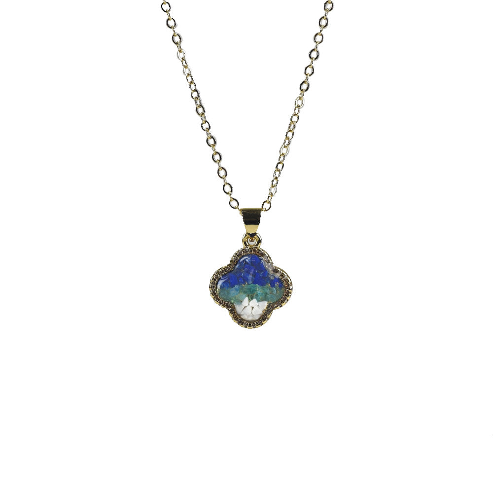 Color Stone Inlay Clover Necklace – Blue & White
