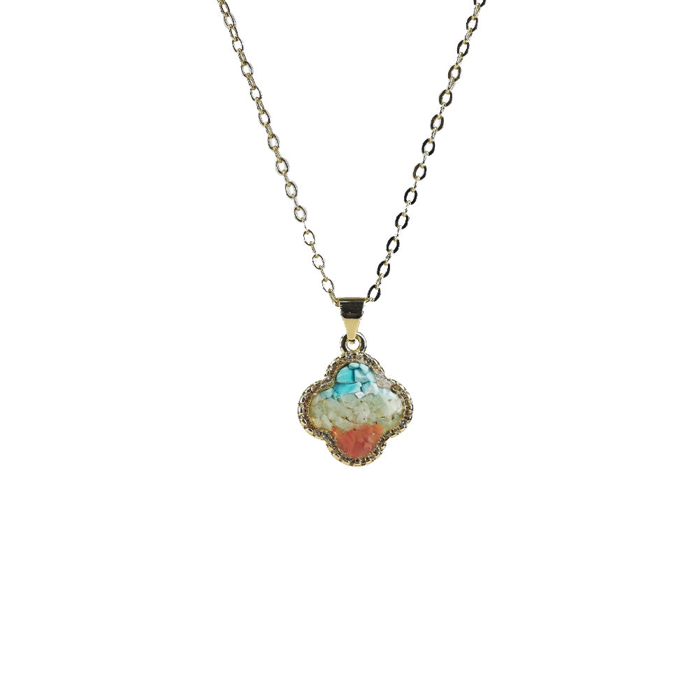 Color Stone Inlay Dunhuang Red Four-Leaf Clover Necklace with Zircon