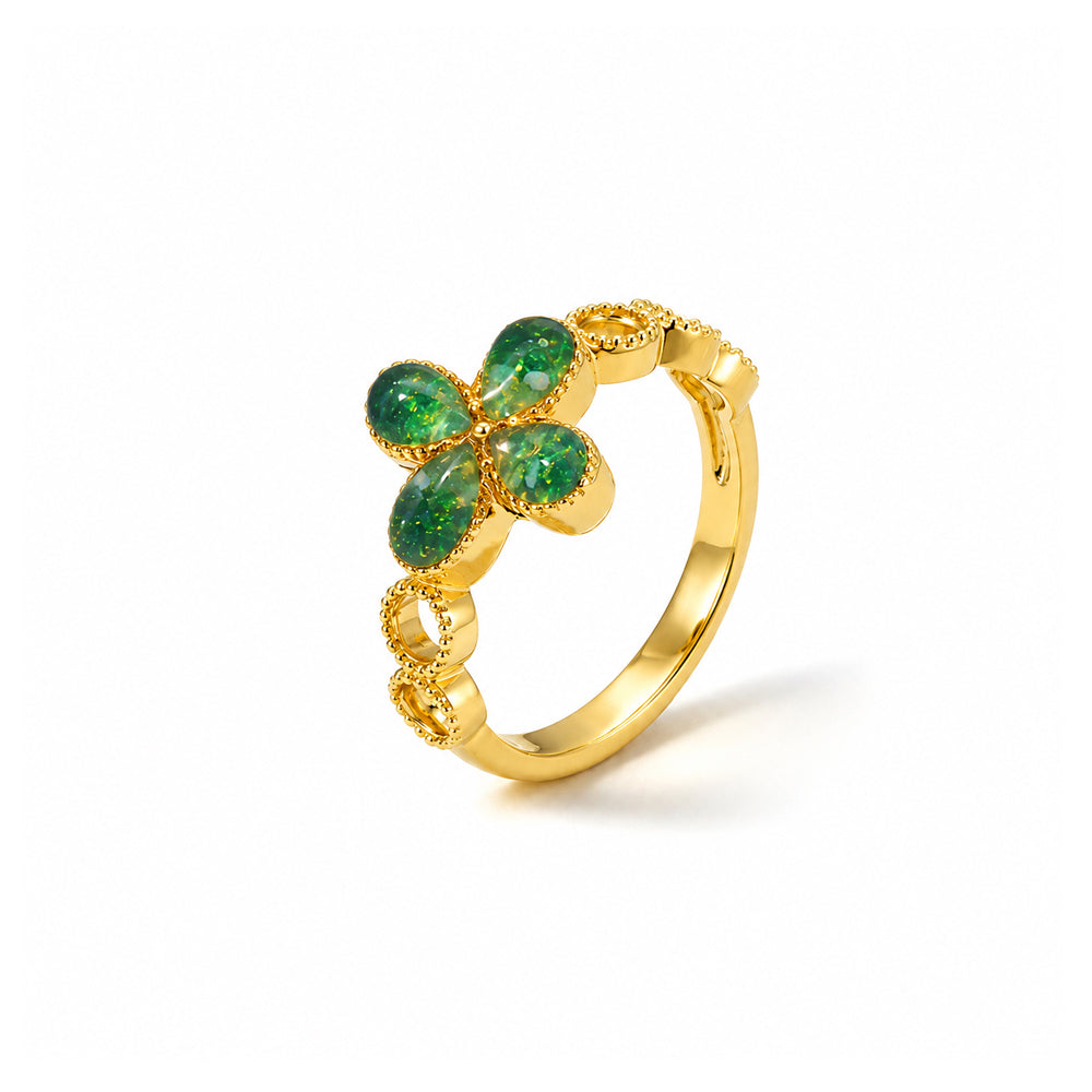Colored Stone Inlaid Emerald Green Four-Leaf Clover Ring