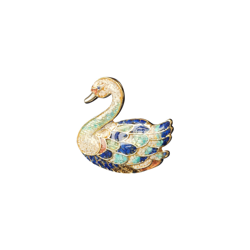 Blue-and-White Porcelain & Colored Stone Inlay Swan Brooch