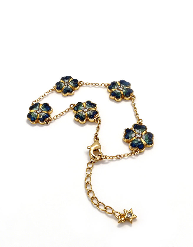 Color Stone Inlay Bracelet – Four-Leaf Clover B, Blue & White Series