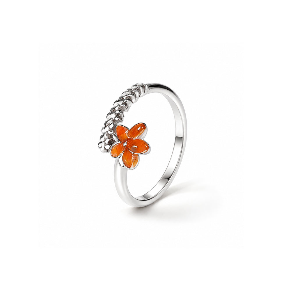Color Stone Inlay Silver Open Ring – Five-Petal Flower, Red Series
