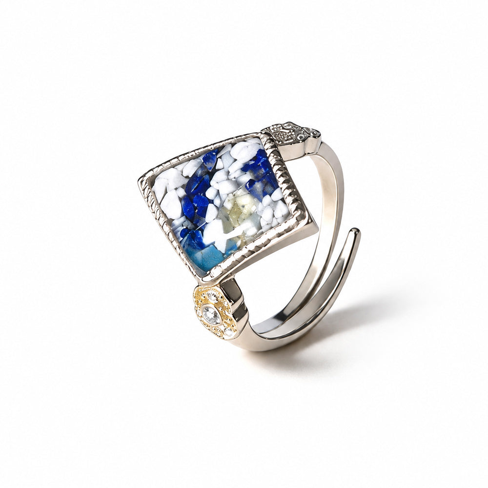 Color Stone Inlay Blue & White Diamond-Shaped Adjustable Ring