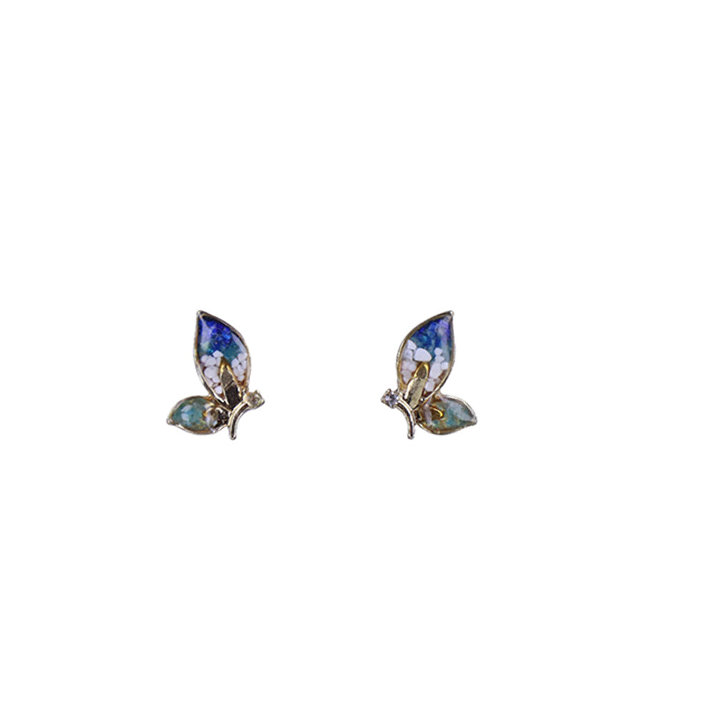 Color Stone Inlay Blue & White Butterfly Wing Stud Earrings