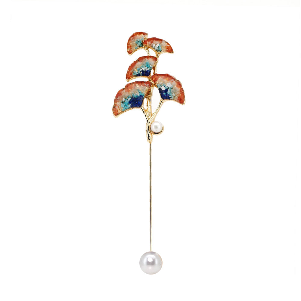 Gem Inlay Dunhuang-Colored Pearl Ginkgo Leaf Brooch