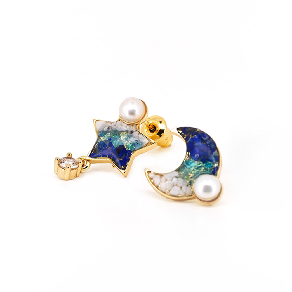 Color Stone Inlay Star & Moon Blue & White Stud Earrings