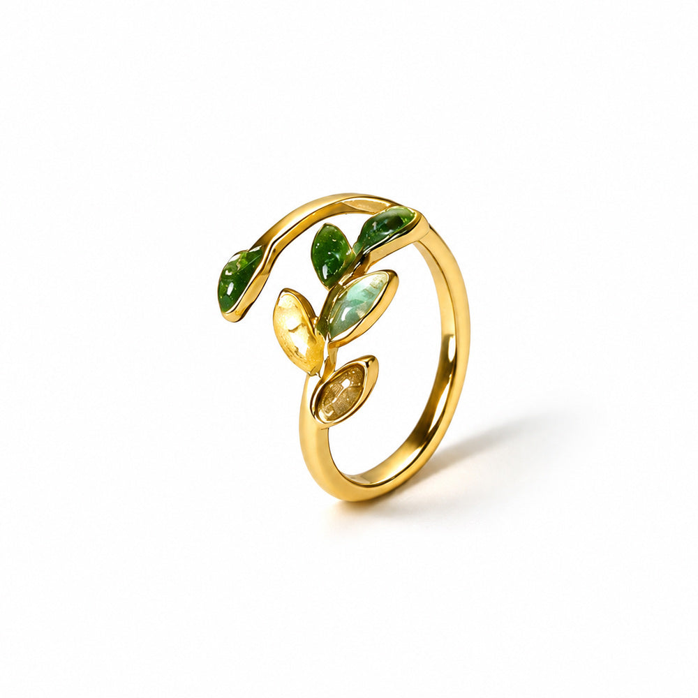 Adjustable Jadeite Olive Branch Ring with Colored Stone Inlay