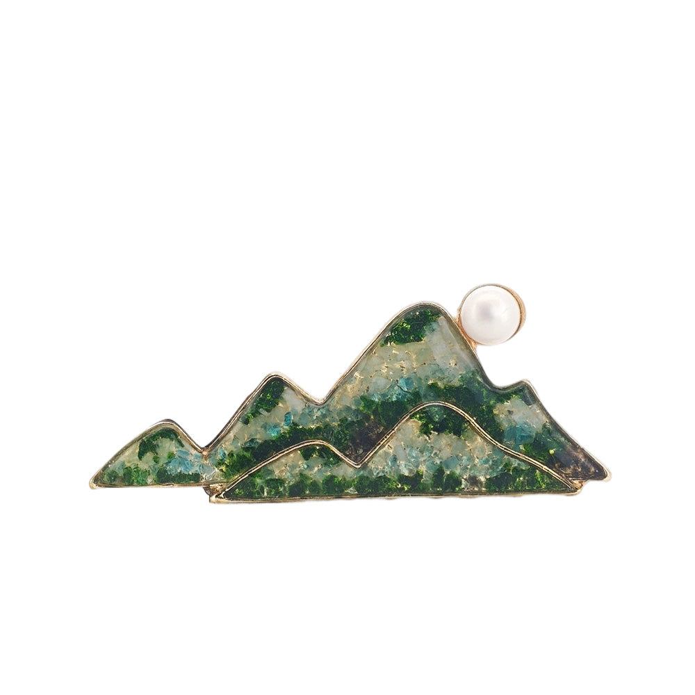 Inlaid Stone Jade Green Landscape Brooch