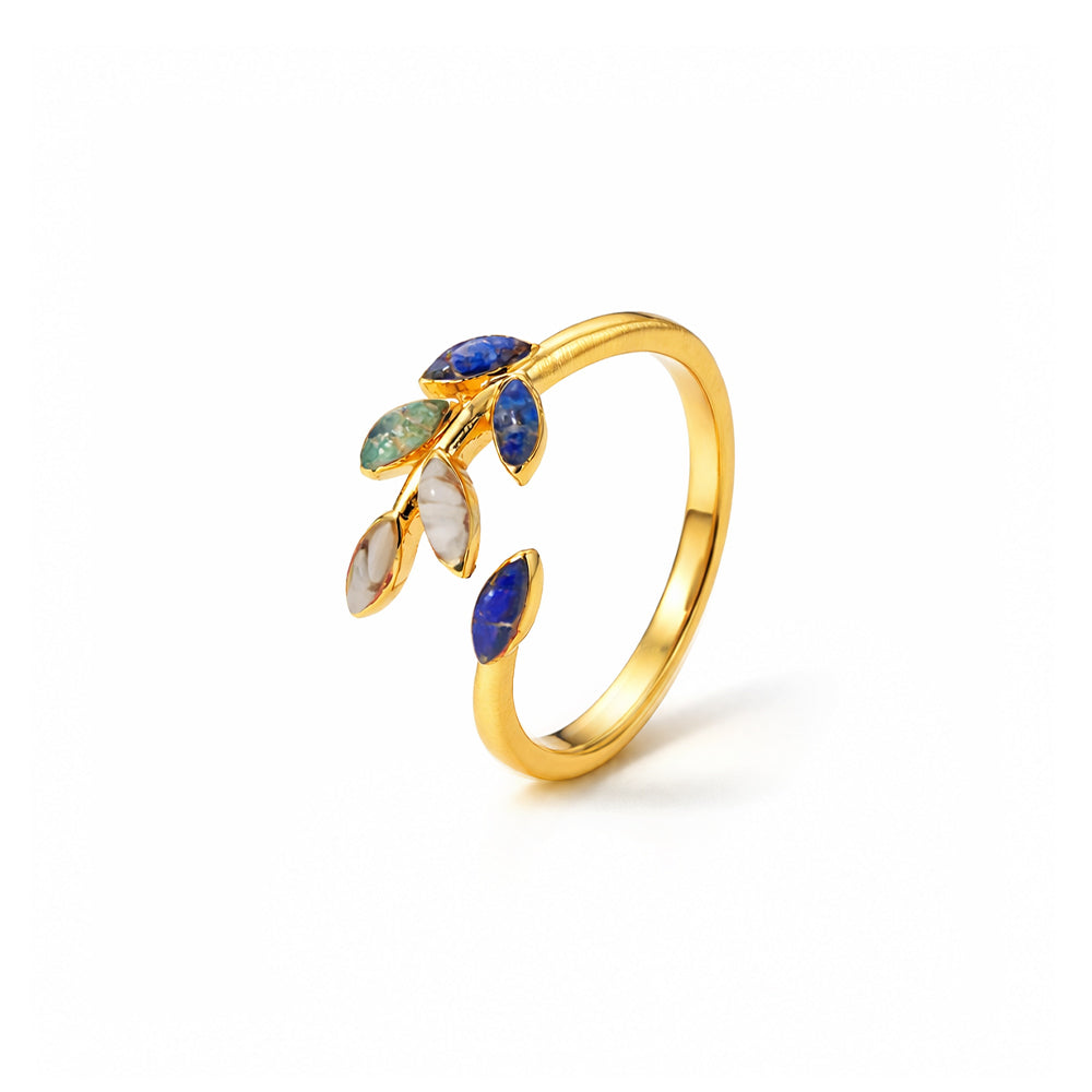 Color Stone Inlay Adjustable Ring – Olive Branch, Blue-and-White