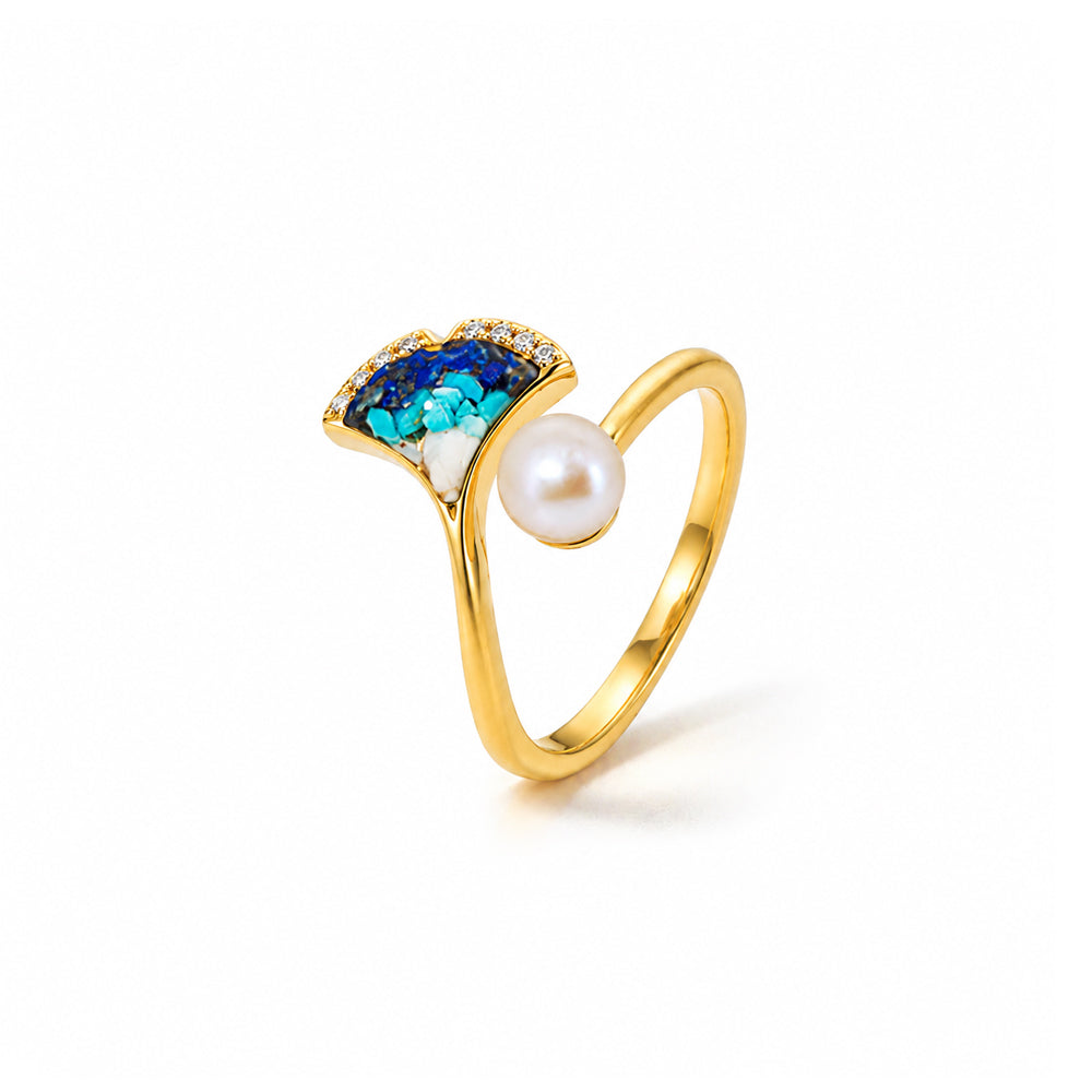 Color Stone Inlay Ring – Ginkgo Leaf & Pearl, Blue-and-White